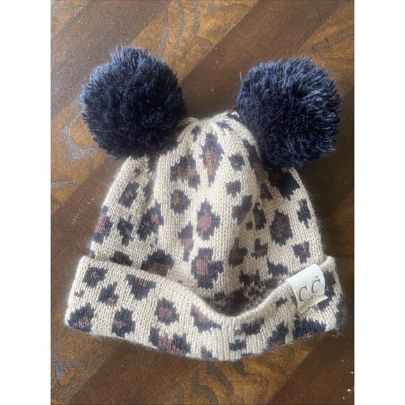 C. C Baby Pom Pom Beenie Hats Leopard Print And Solid Grey - Picture 3 of 12